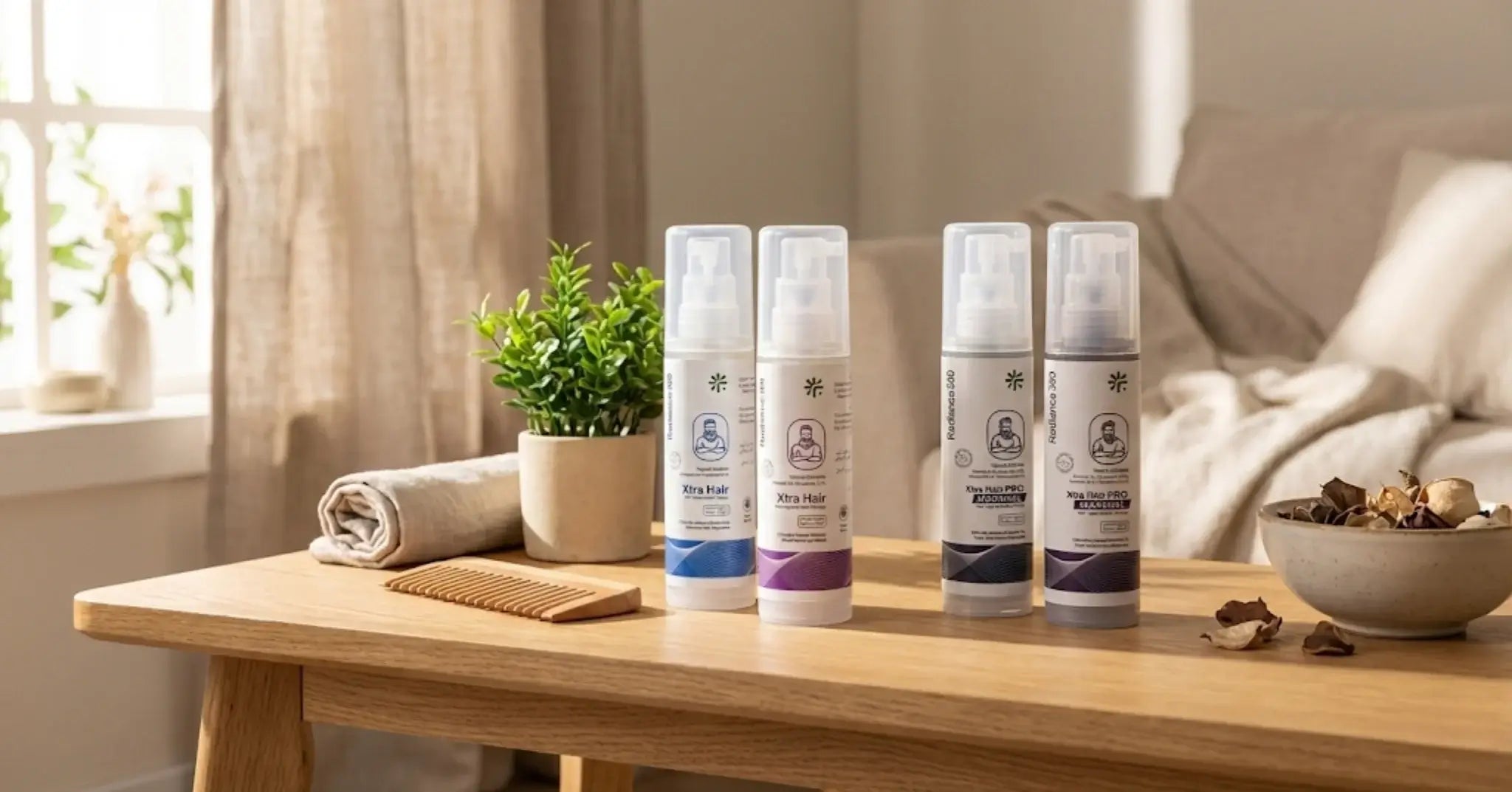 Best minoxidil finasteride spray Pakistan Xtra Hair product collection on display with grooming accessories for male pattern baldness treatment