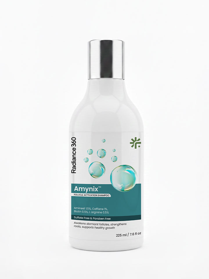 Amynix 360 Radiance Shampoo bottle on a white background