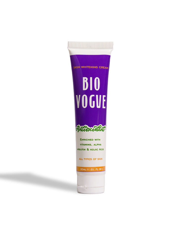 Tube of Bio Vogue skin whitening cream on a white background