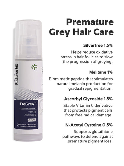 DeGrey hair care product with ingredient details on a white background