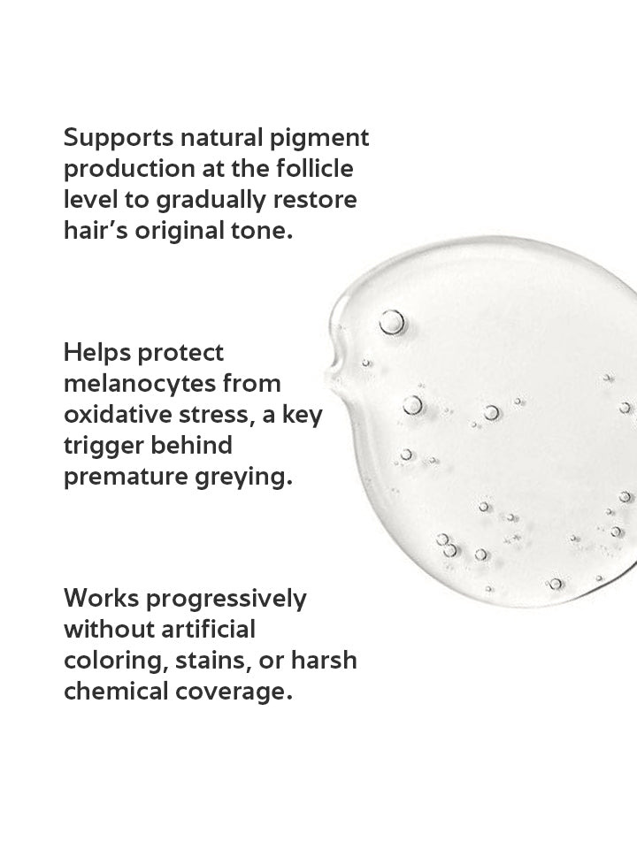 Product with text about supporting natural pigment production and protecting melanocytes on a white background