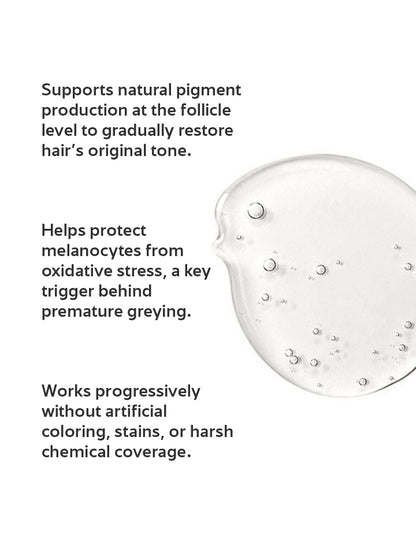 Product with text about supporting natural pigment production and protecting melanocytes on a white background