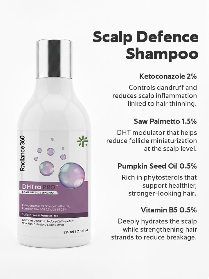Scalp Defence Shampoo bottle with product details on a white background