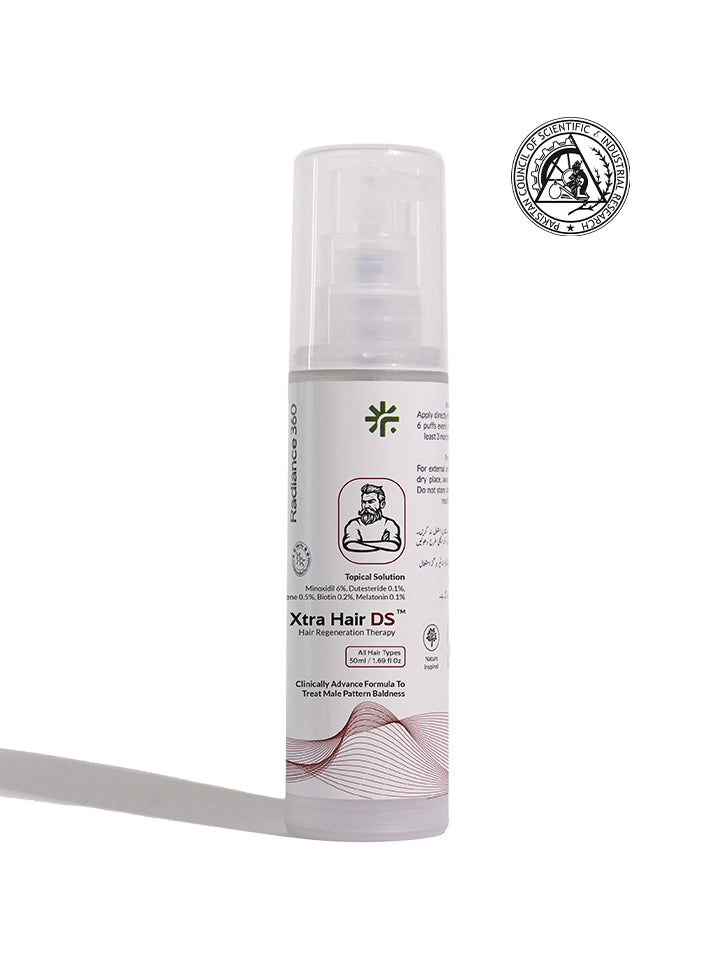 Hair care product bottle labeled 'Xtra Hair DS' on a white background with a logo.