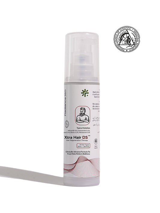 Hair care product bottle labeled 'Xtra Hair DS' on a white background with a logo.