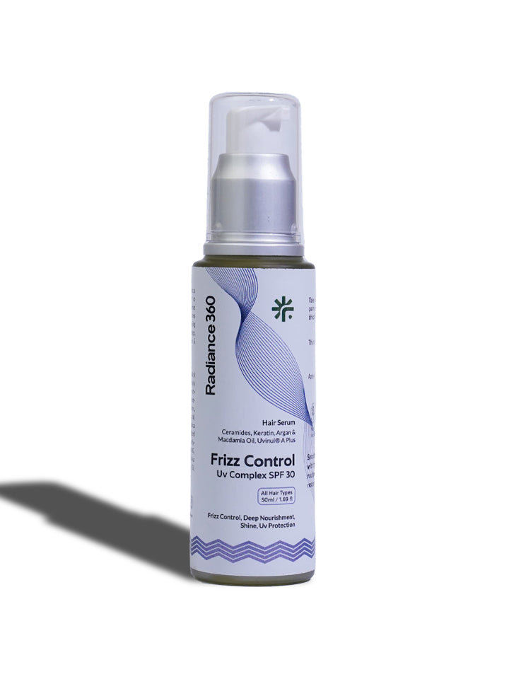 Bottle of Radiance 360 Frizz Control UV Complex SPF 30 on a white background
