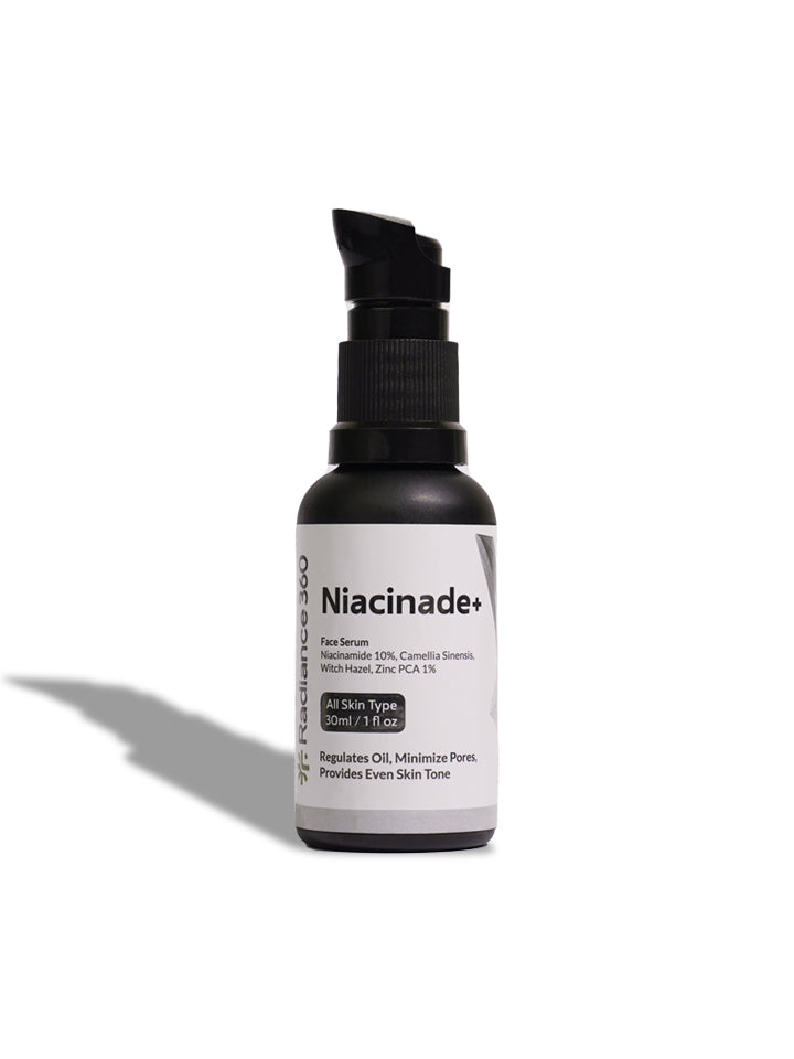 Bottle of Niacinamide+ face serum on a white background