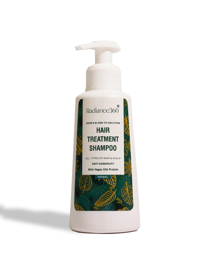 Hair treatment shampoo bottle with green label on a white background