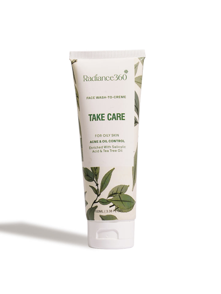 Tube of Radiance360 face wash cream on a white background