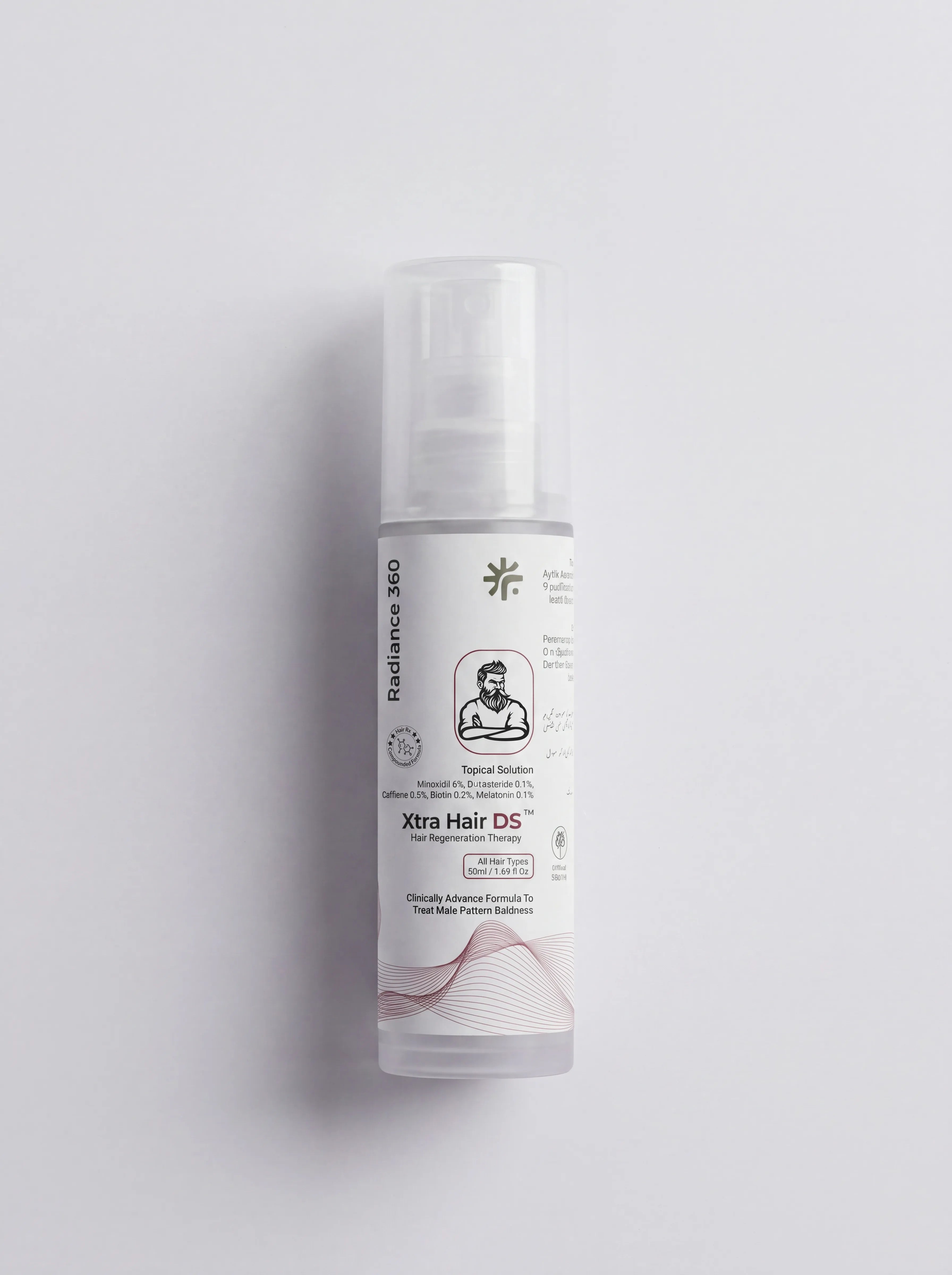 Skincare bottle labeled 'Xtra Hair DS' on a light gray background